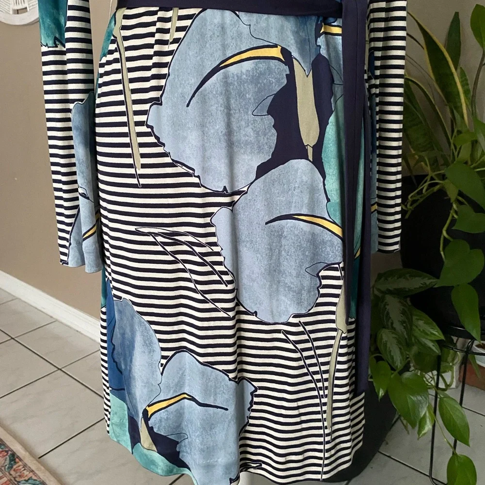 Tory Burch Silk LKNW Dress Long Sleeve Striped Floral Print Large Belted